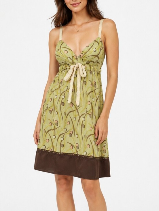 BCBGMaxAzria Dresses & Skirts - BCBGMaxAzria Light Green Floral Chemise with Brown Hem and Cream Straps